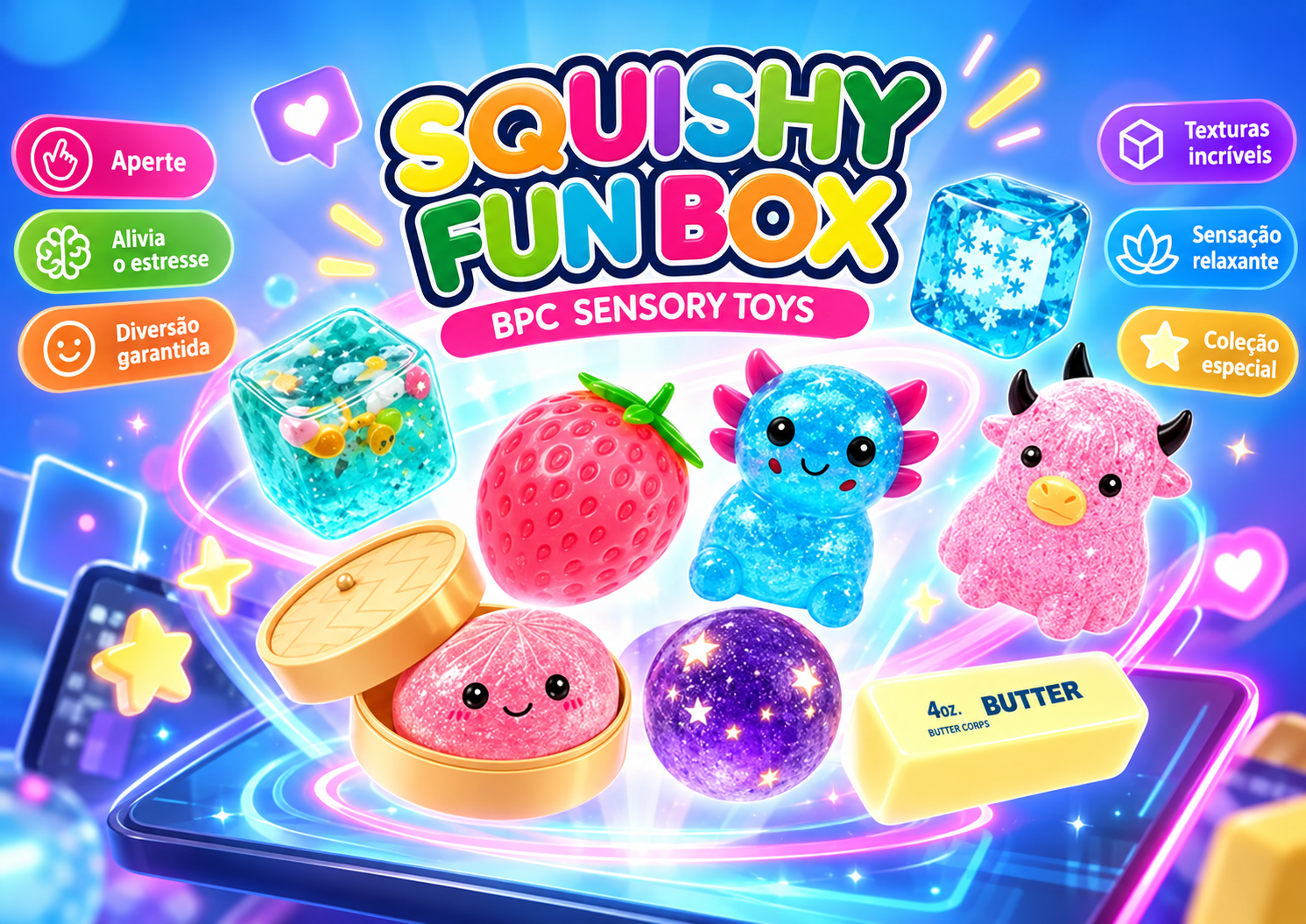 Squishy Fun Box com squishies coloridos e diferentes formatos